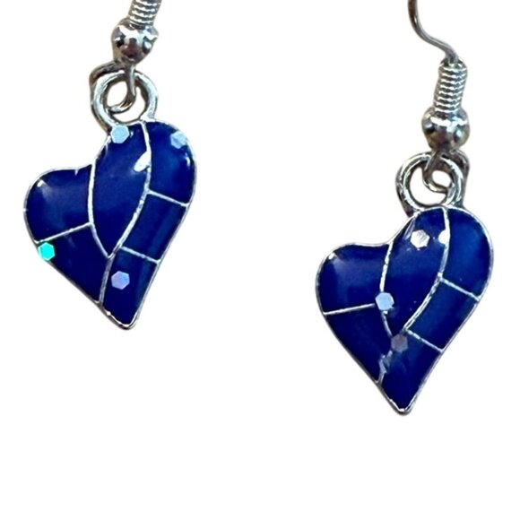 Opal Blue Heart Silver Plated Earrings Dangle Cottagecore Fairycore Jewelry - Picture 3 of 7